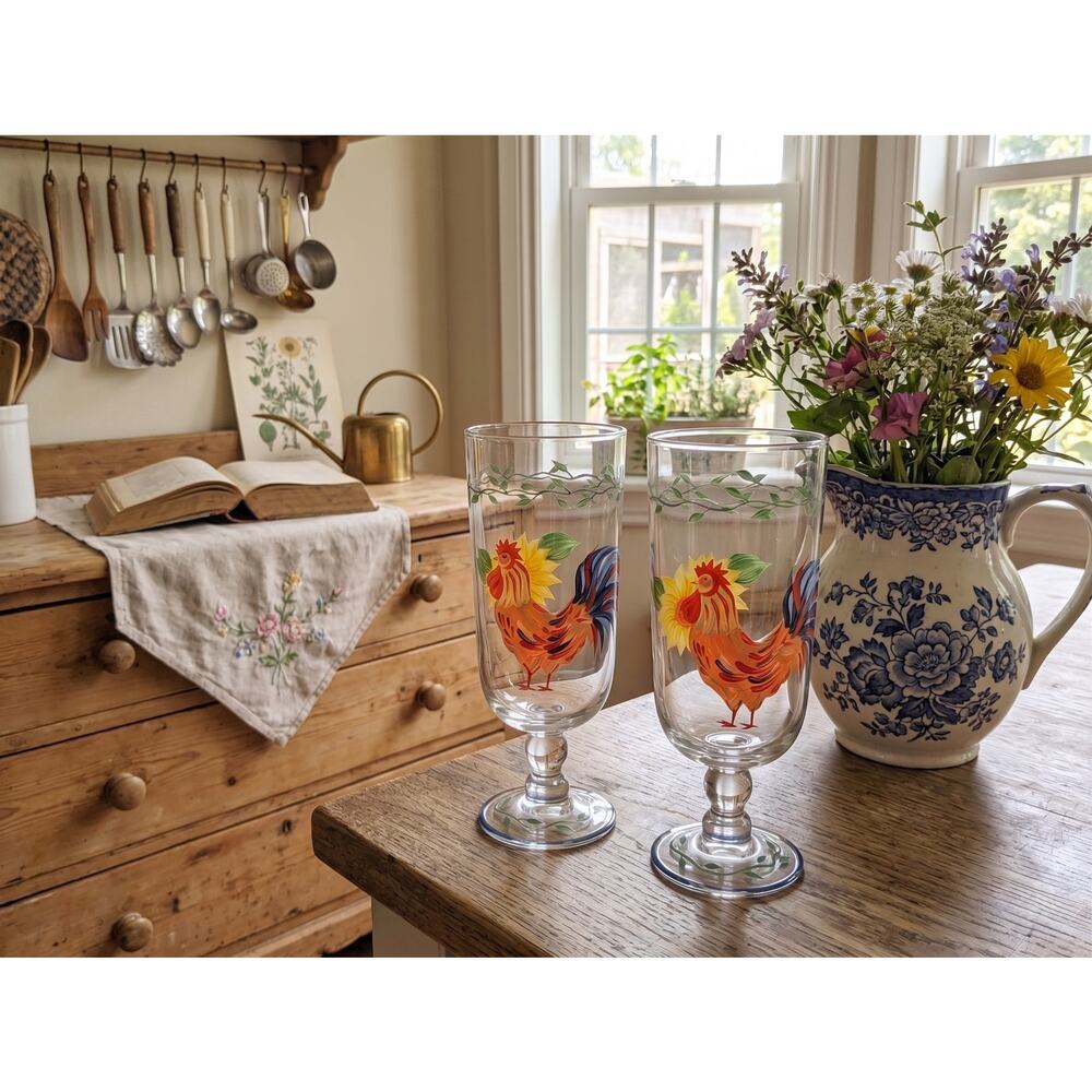 Vintage Hand Painted Rooster & Sunflower Stemmed Iced Tea Glasses - Set of 2 8"